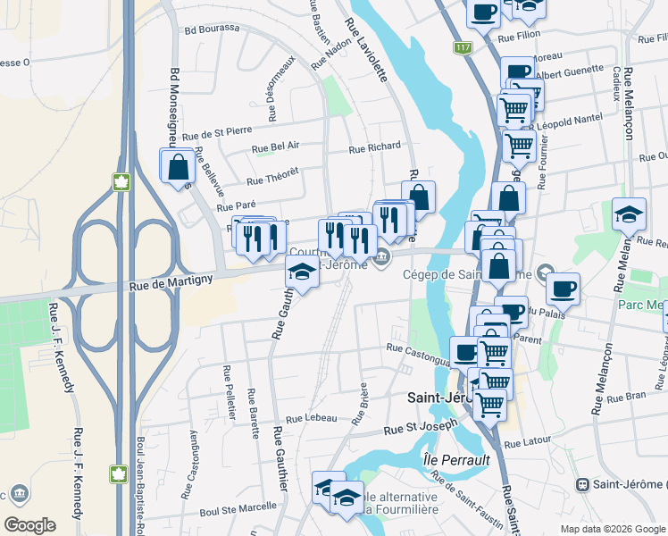 map of restaurants, bars, coffee shops, grocery stores, and more near 101 Rue de Martigny Ouest in Saint-Jérôme