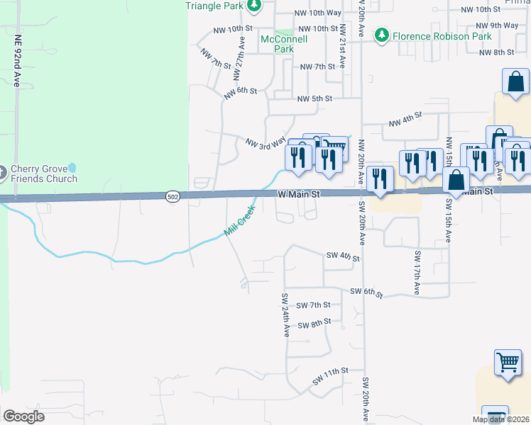 map of restaurants, bars, coffee shops, grocery stores, and more near 2515 West Main Street in Battle Ground
