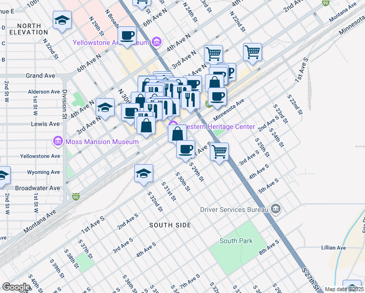 map of restaurants, bars, coffee shops, grocery stores, and more near 2822 Minnesota Avenue in Billings