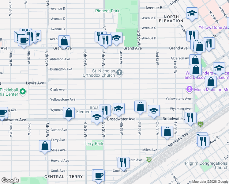 map of restaurants, bars, coffee shops, grocery stores, and more near 422 Clark Avenue in Billings