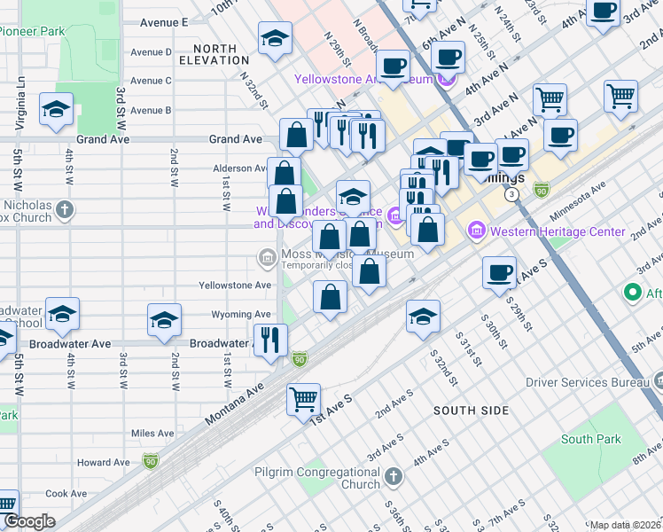 map of restaurants, bars, coffee shops, grocery stores, and more near 3302 2nd Avenue North in Billings