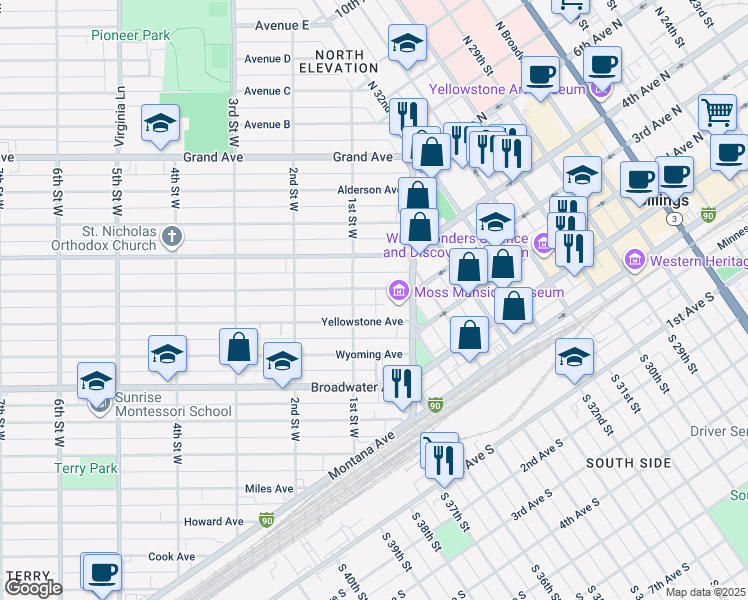 map of restaurants, bars, coffee shops, grocery stores, and more near 44 Clark Avenue in Billings