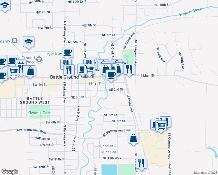 map of restaurants, bars, coffee shops, grocery stores, and more near 619 Southeast 1st Street in Battle Ground