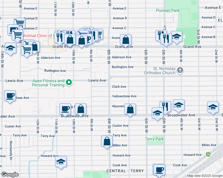map of restaurants, bars, coffee shops, grocery stores, and more near 752 Clark Avenue in Billings