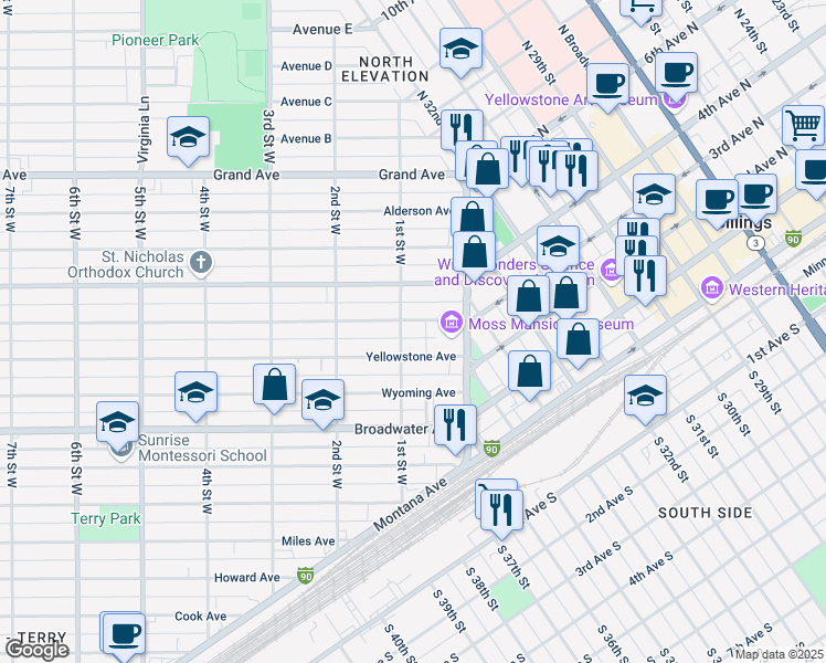 map of restaurants, bars, coffee shops, grocery stores, and more near 44 Clark Avenue in Billings