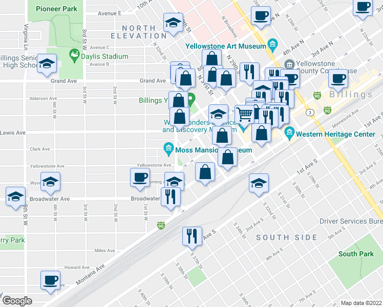 map of restaurants, bars, coffee shops, grocery stores, and more near 207 North 34th Street in Billings