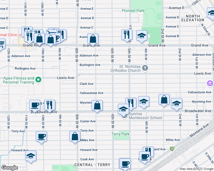 map of restaurants, bars, coffee shops, grocery stores, and more near 616 Clark Avenue in Billings
