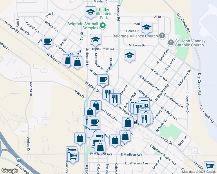 map of restaurants, bars, coffee shops, grocery stores, and more near 402 West Central Avenue in Belgrade
