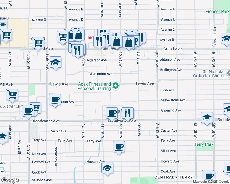 map of restaurants, bars, coffee shops, grocery stores, and more near 1002 Lewis Avenue in Billings