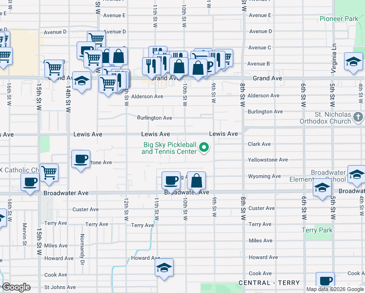 map of restaurants, bars, coffee shops, grocery stores, and more near 1002 10th Street West in Billings