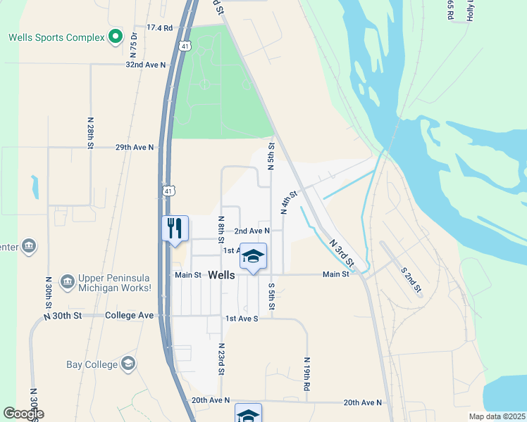 map of restaurants, bars, coffee shops, grocery stores, and more near 6398-6436 North 5th Street in Wells