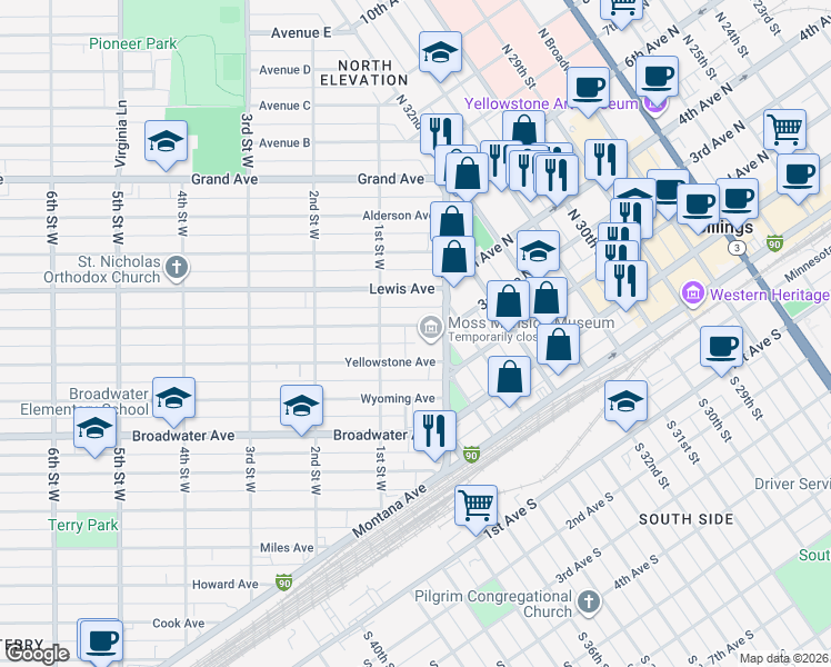 map of restaurants, bars, coffee shops, grocery stores, and more near 24 Clark Avenue in Billings