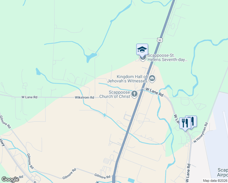 map of restaurants, bars, coffee shops, grocery stores, and more near 33427 Wikstrom Road in Scappoose