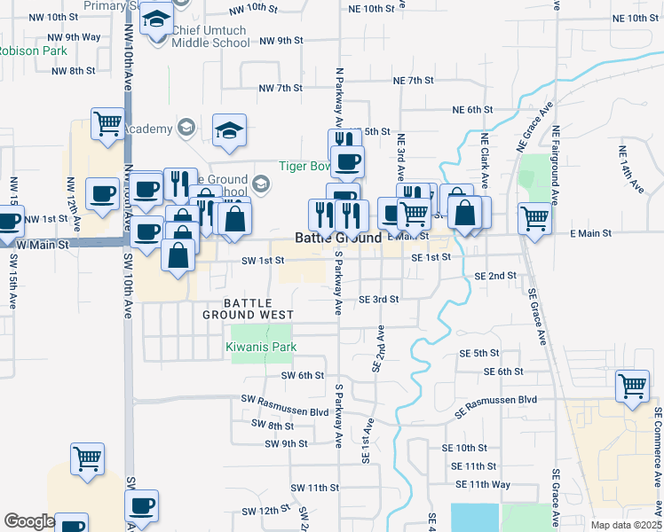 map of restaurants, bars, coffee shops, grocery stores, and more near 104 South Parkway Avenue in Battle Ground