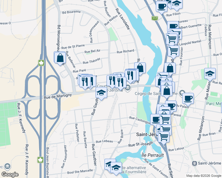 map of restaurants, bars, coffee shops, grocery stores, and more near 101 Rue de Martigny Ouest in Saint-Jérôme