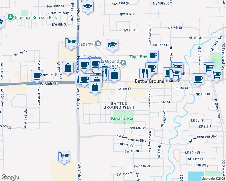 map of restaurants, bars, coffee shops, grocery stores, and more near 108 Southwest 4th Place in Battle Ground