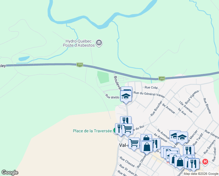 map of restaurants, bars, coffee shops, grocery stores, and more near 115 Rue Williams in Val-des-Sources
