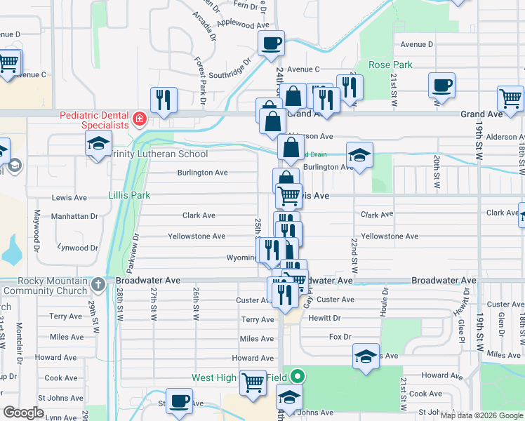 map of restaurants, bars, coffee shops, grocery stores, and more near 1001 25th Street West in Billings