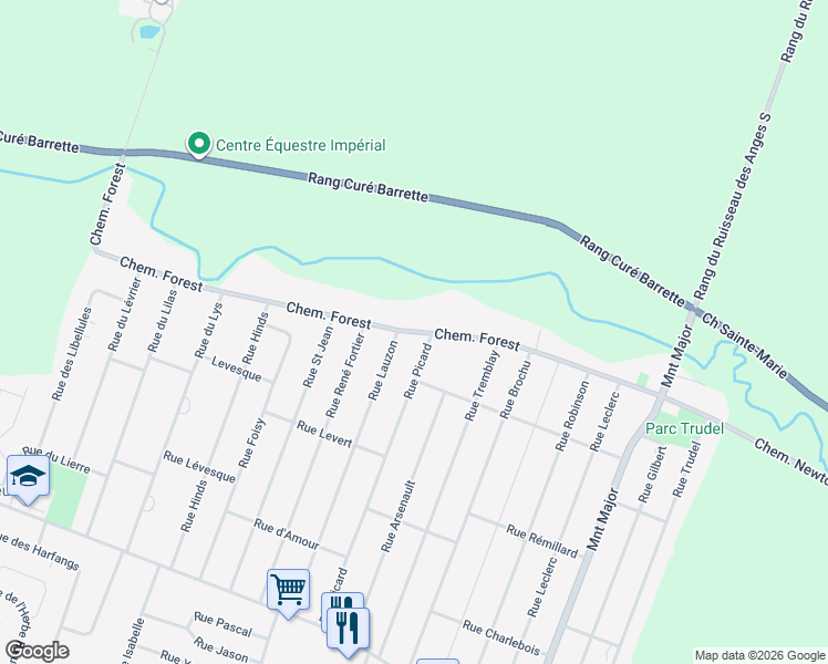 map of restaurants, bars, coffee shops, grocery stores, and more near Chemin Forest in Terrebonne