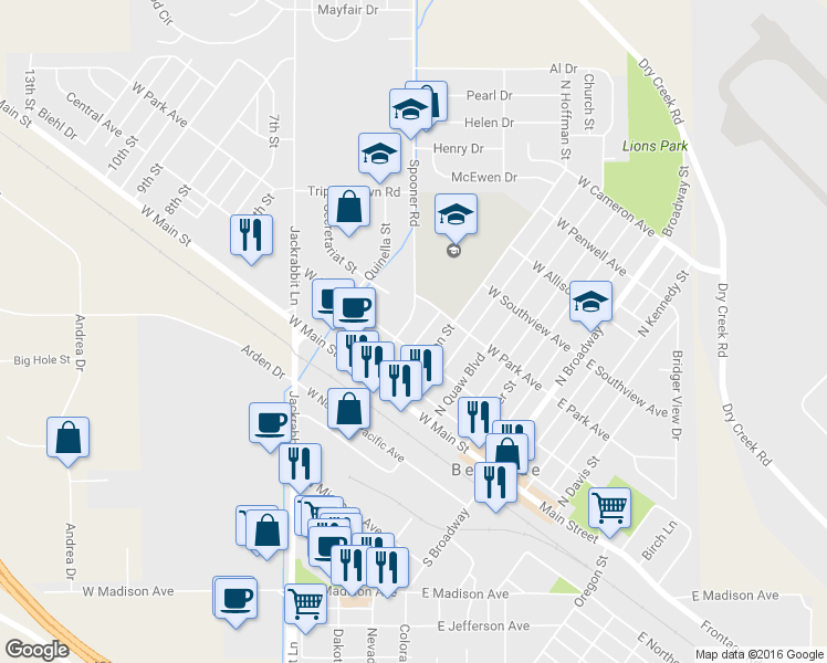 map of restaurants, bars, coffee shops, grocery stores, and more near 104 North Grogan Street in Belgrade