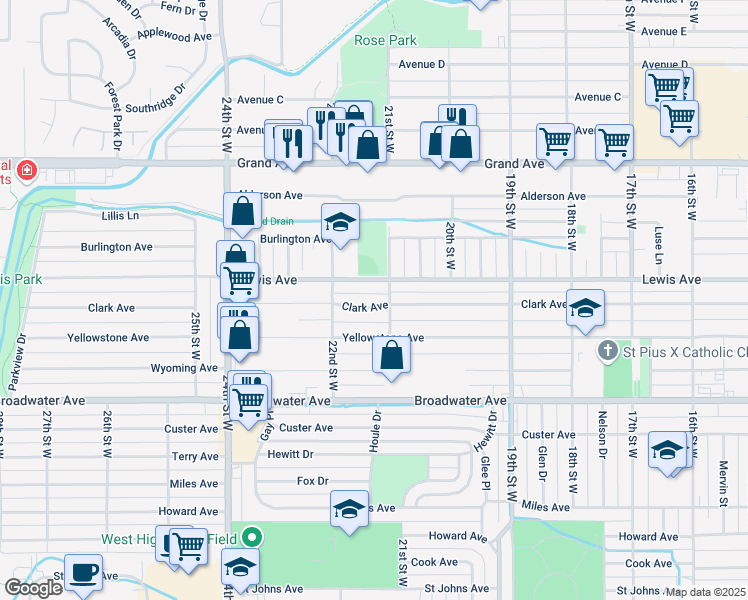 map of restaurants, bars, coffee shops, grocery stores, and more near 2111 Clark Avenue in Billings