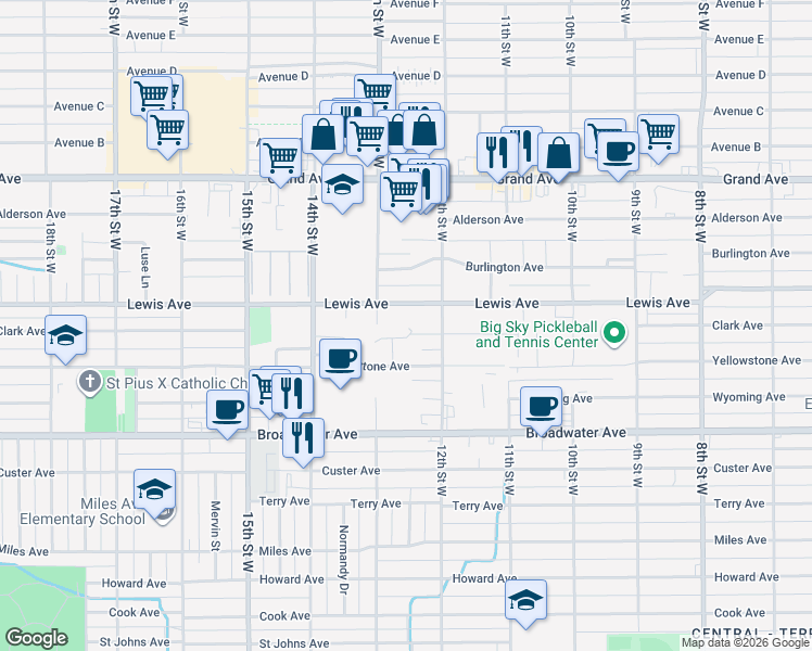map of restaurants, bars, coffee shops, grocery stores, and more near 1217 Clark Avenue in Billings