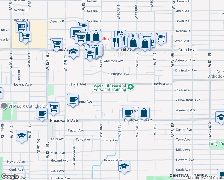 map of restaurants, bars, coffee shops, grocery stores, and more near 1121 Clark Avenue in Billings