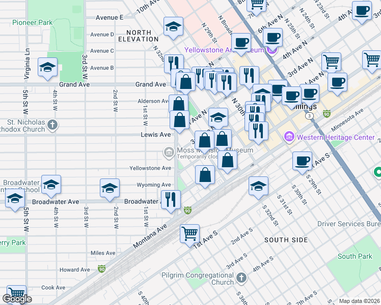 map of restaurants, bars, coffee shops, grocery stores, and more near 220 North 34th Street in Billings