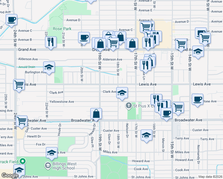 map of restaurants, bars, coffee shops, grocery stores, and more near 1815 Clark Avenue in Billings