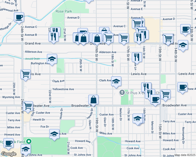 map of restaurants, bars, coffee shops, grocery stores, and more near 1837 Clark Ave in Billings