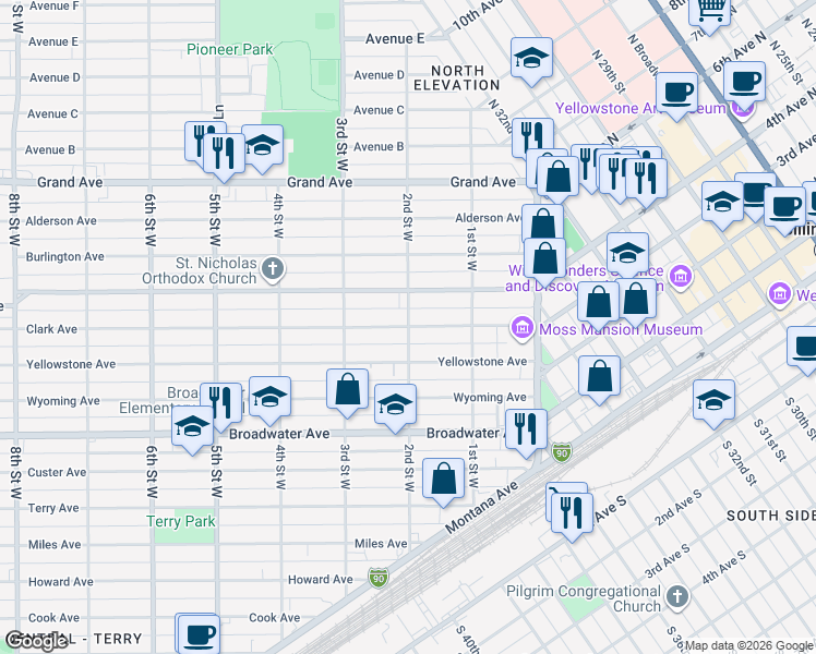 map of restaurants, bars, coffee shops, grocery stores, and more near 998 2nd Street West in Billings