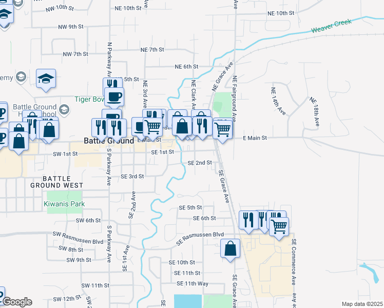 map of restaurants, bars, coffee shops, grocery stores, and more near 619 Southeast 1st Street in Battle Ground