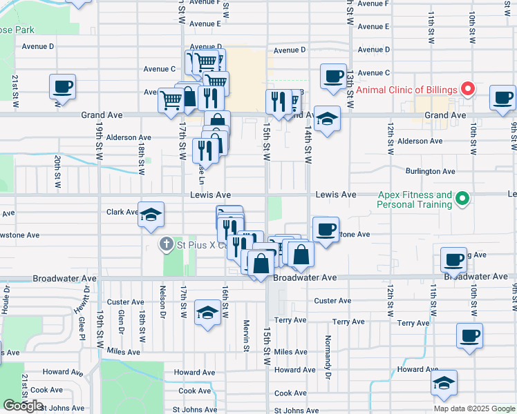 map of restaurants, bars, coffee shops, grocery stores, and more near 1525 Clark Avenue in Billings