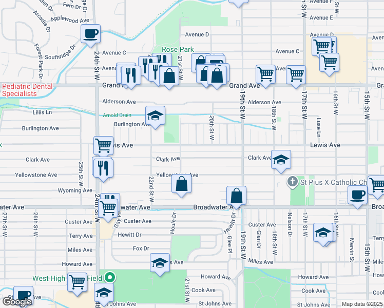 map of restaurants, bars, coffee shops, grocery stores, and more near 2033 Clark Ave in Billings