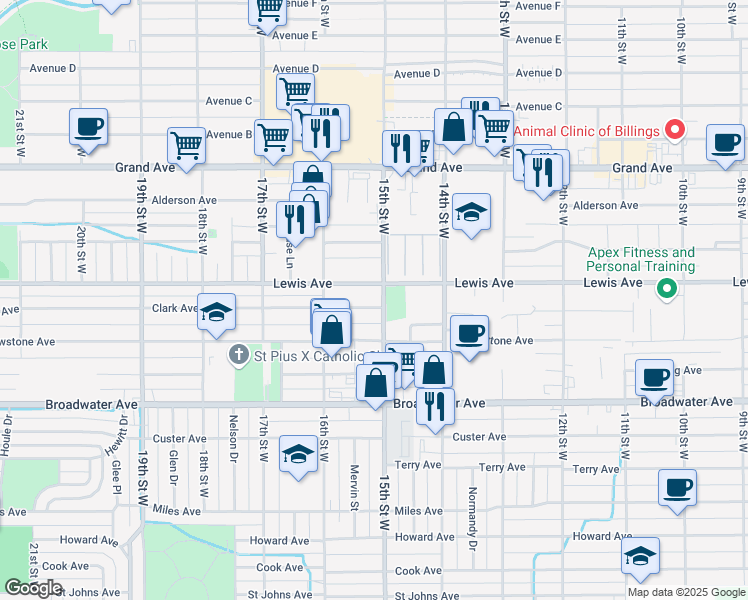 map of restaurants, bars, coffee shops, grocery stores, and more near 1505 Clark Avenue in Billings