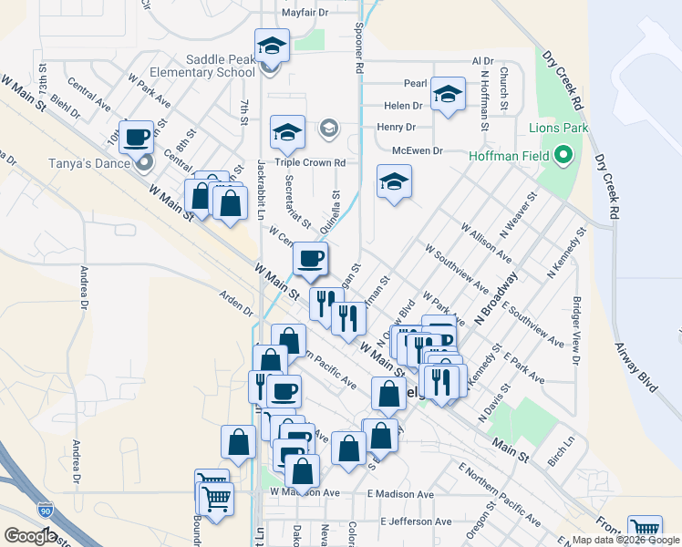 map of restaurants, bars, coffee shops, grocery stores, and more near 402 West Central Avenue in Belgrade
