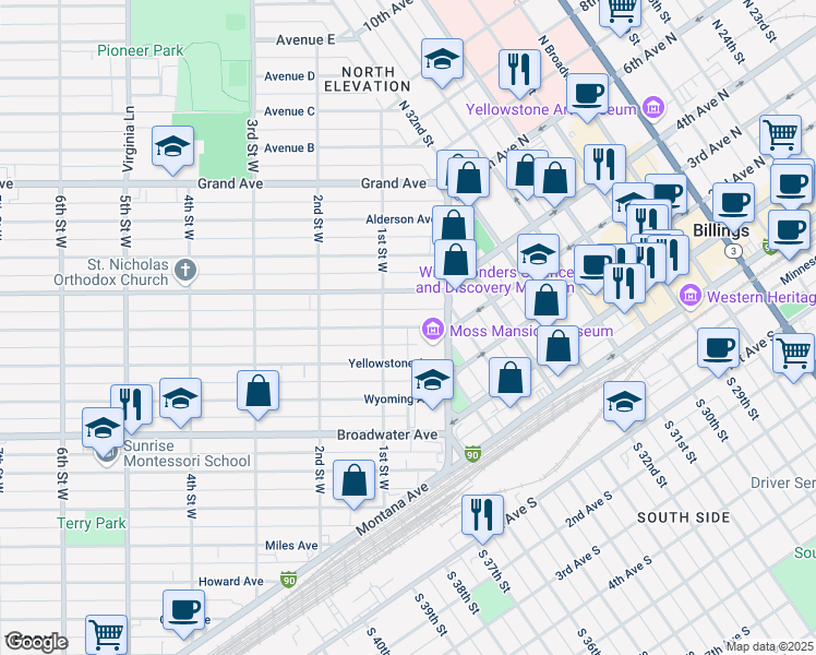 map of restaurants, bars, coffee shops, grocery stores, and more near 44 Clark Avenue in Billings