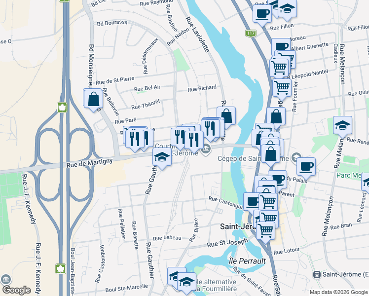 map of restaurants, bars, coffee shops, grocery stores, and more near 123 Rue de Martigny Ouest in Saint-Jérôme