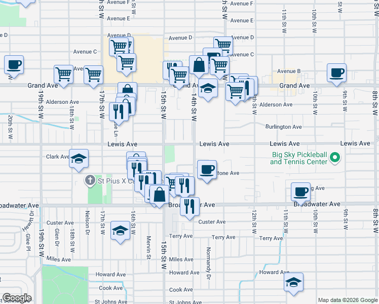 map of restaurants, bars, coffee shops, grocery stores, and more near 1010 14th Street West in Billings