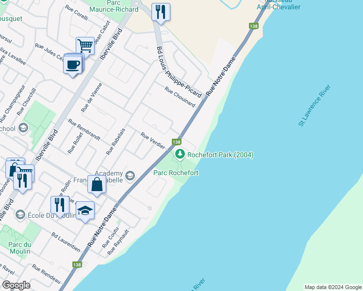 map of restaurants, bars, coffee shops, grocery stores, and more near 1308 Rue Notre-Dame in Repentigny