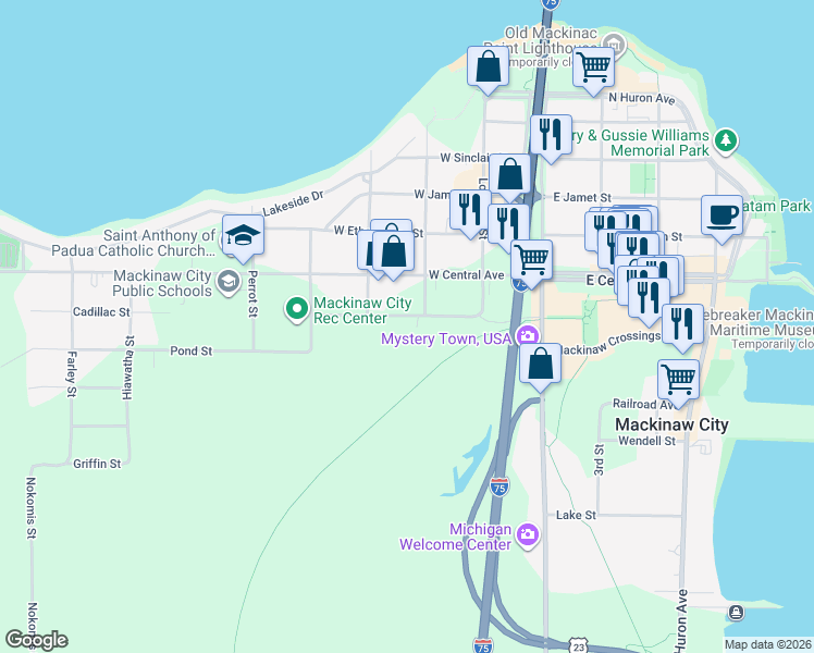 map of restaurants, bars, coffee shops, grocery stores, and more near 311 Cadillac Street in Mackinaw City