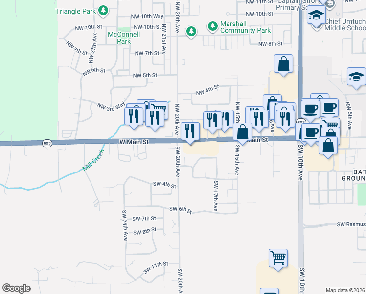 map of restaurants, bars, coffee shops, grocery stores, and more near 15 SW 20th Ave in Battle Ground