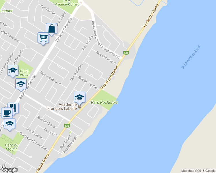 map of restaurants, bars, coffee shops, grocery stores, and more near 1308 Rue Notre Dame in Repentigny