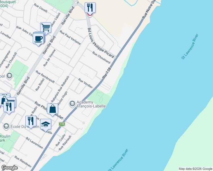 map of restaurants, bars, coffee shops, grocery stores, and more near 1324 Rue Notre-Dame in Repentigny