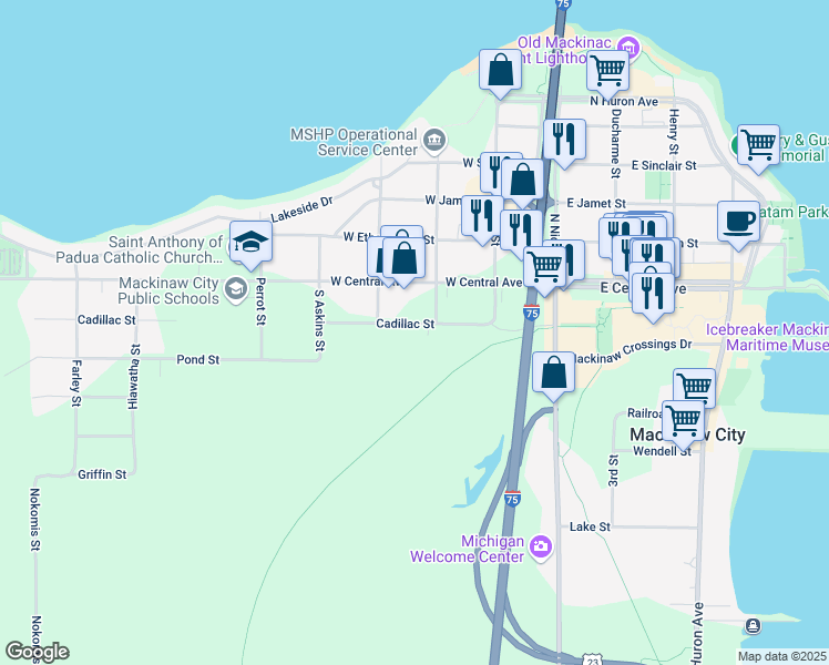 map of restaurants, bars, coffee shops, grocery stores, and more near 311 Cadillac Street in Mackinaw City
