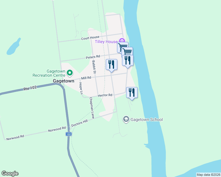 map of restaurants, bars, coffee shops, grocery stores, and more near 23 Tilley Road in Gagetown