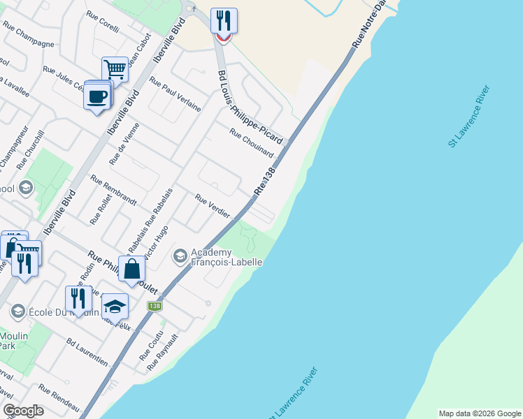 map of restaurants, bars, coffee shops, grocery stores, and more near 1322 Rue Notre-Dame in Repentigny