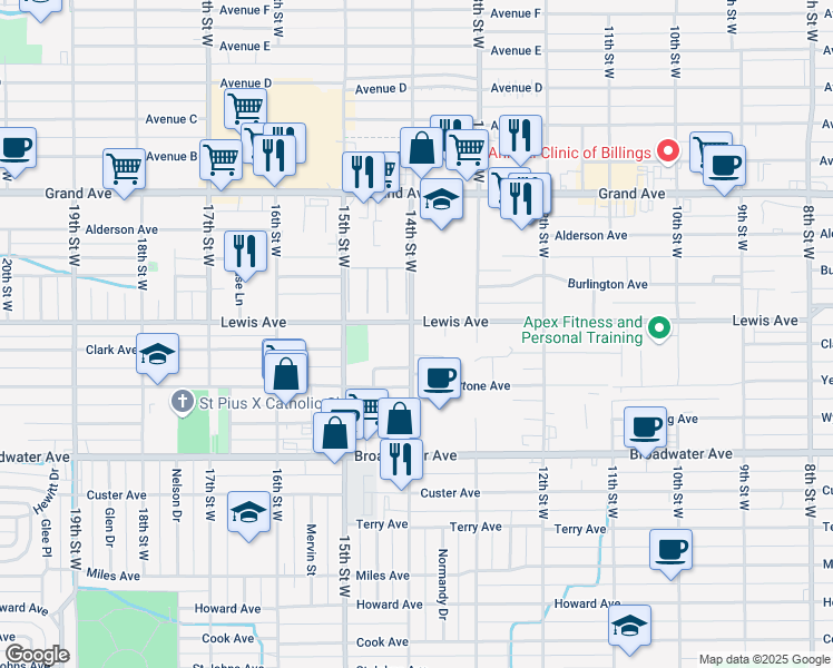 map of restaurants, bars, coffee shops, grocery stores, and more near 1337 Clark Avenue in Billings