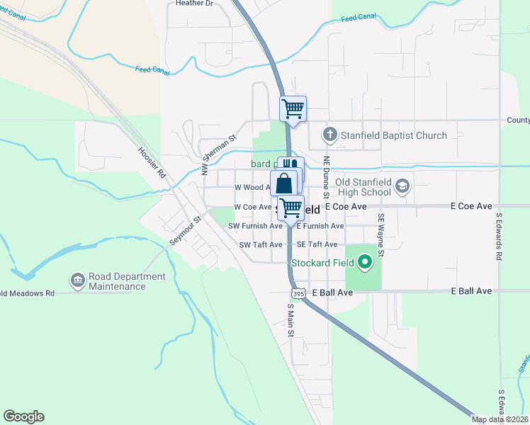 map of restaurants, bars, coffee shops, grocery stores, and more near 145 South Main Street in Stanfield