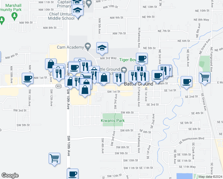 map of restaurants, bars, coffee shops, grocery stores, and more near 302 Southwest 1st Street in Battle Ground